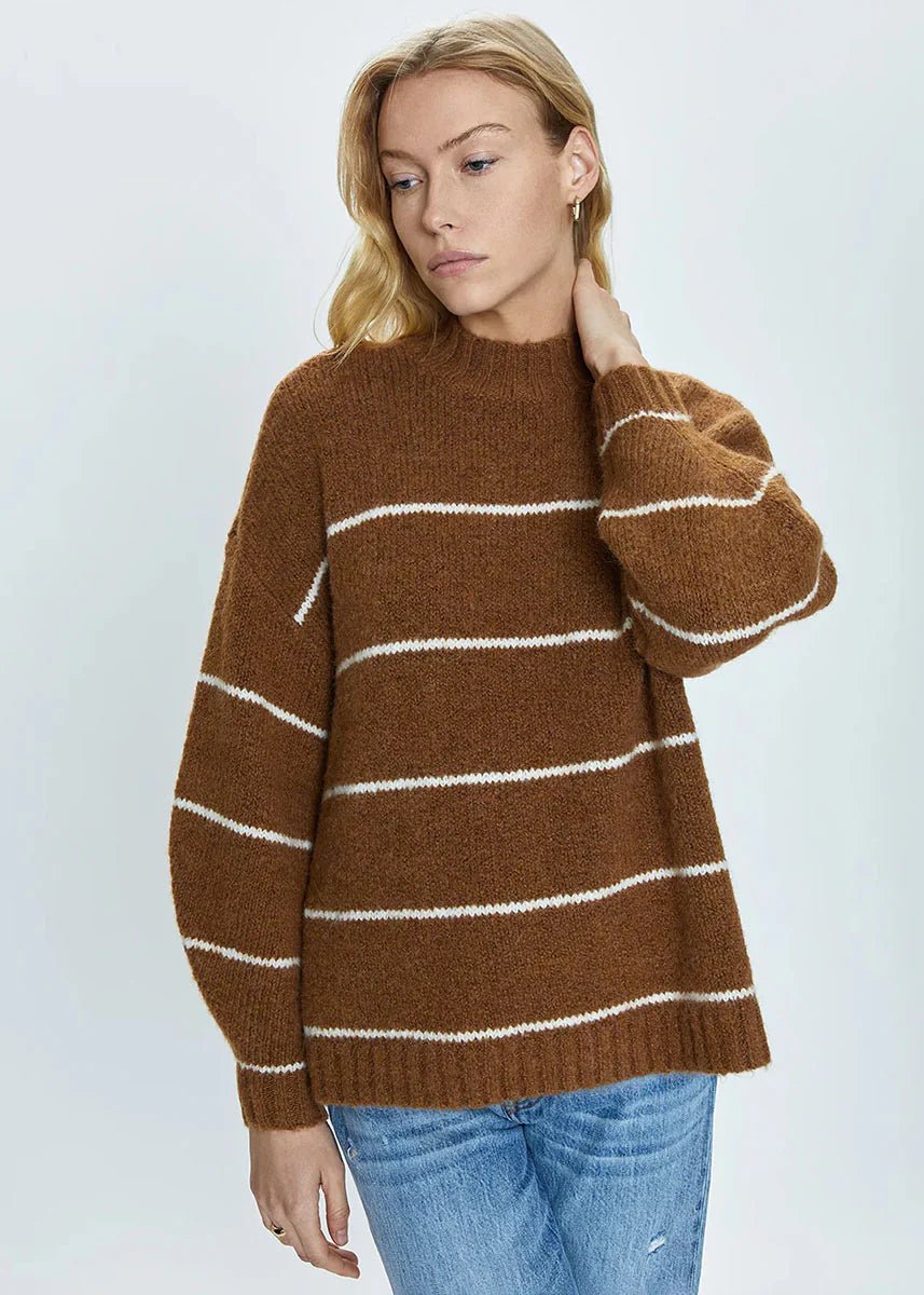 Carlen Mock Neck Sweater | Carmel White Stripe - Styled With Claire Pistola