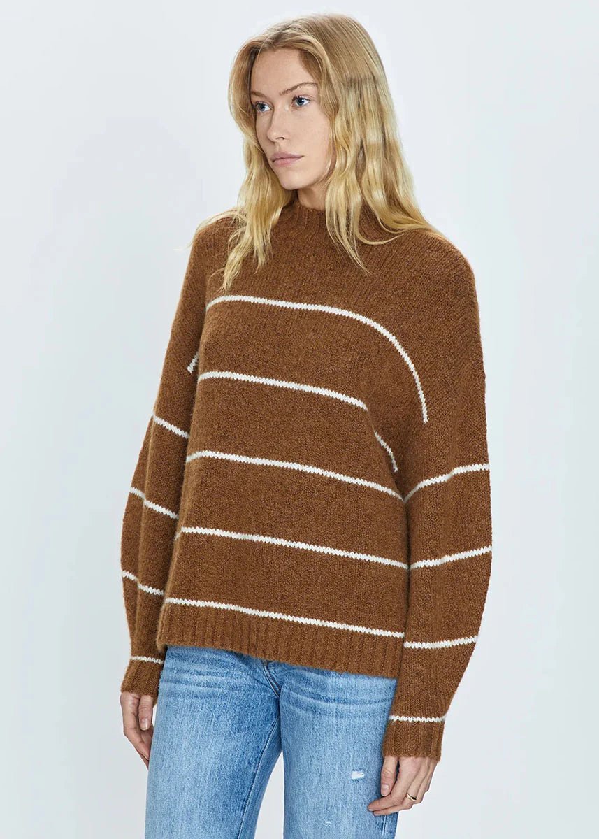 Carlen Mock Neck Sweater | Carmel White Stripe - Styled With Claire Pistola