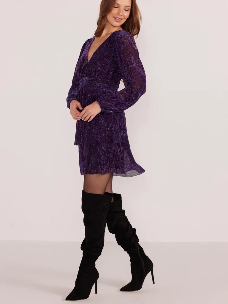 Enya Lurex Plisse Mini Dress | Purple Sparkle - Styled With Claire MINKPINK