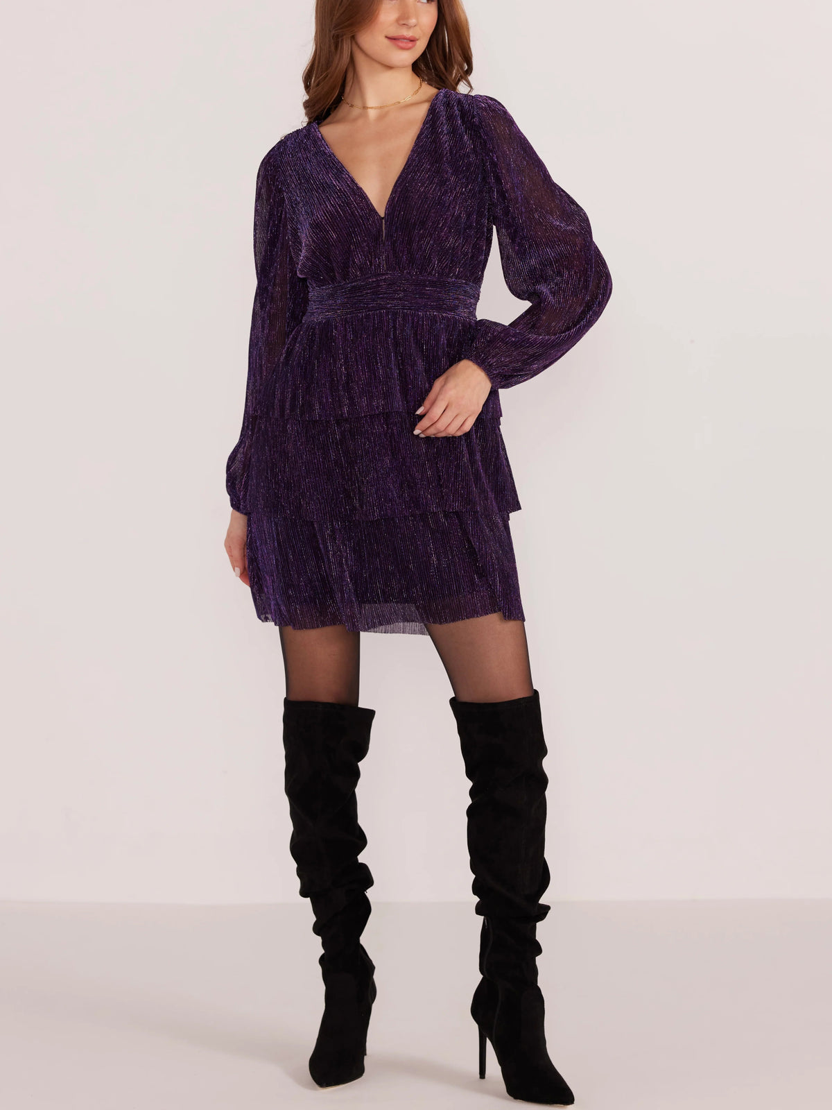 Enya Lurex Plisse Mini Dress | Purple Sparkle - Styled With Claire MINKPINK