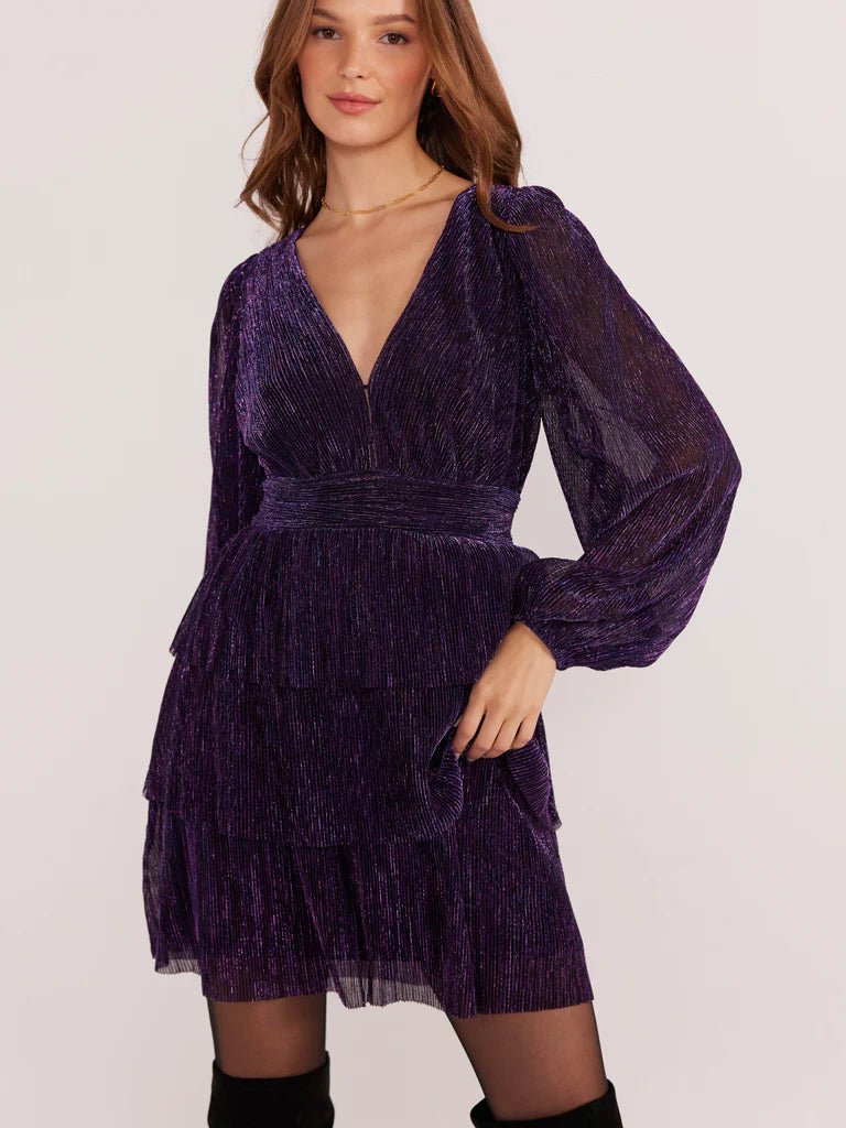 Enya Lurex Plisse Mini Dress | Purple Sparkle - Styled With Claire MINKPINK