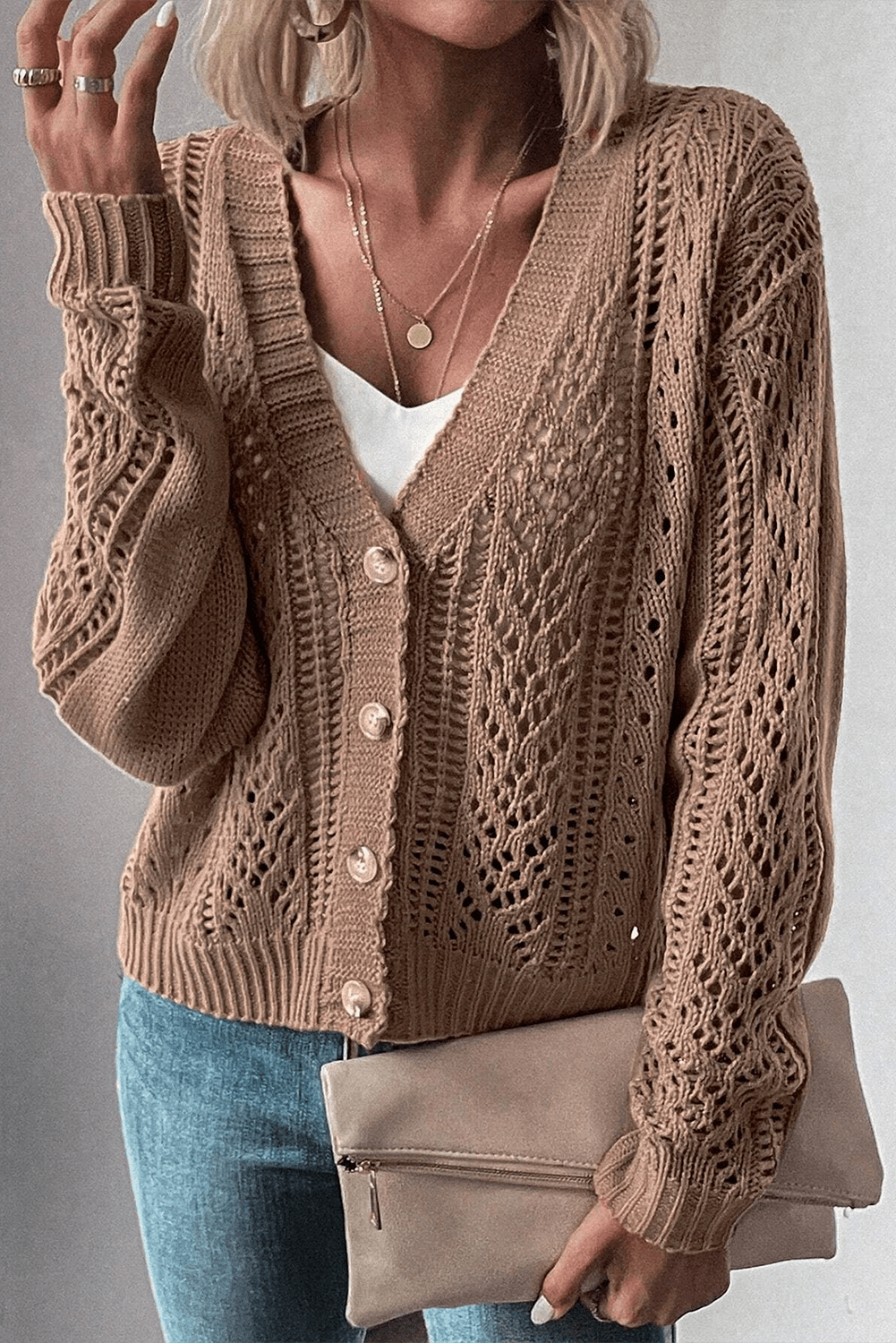 Hollow Knit Drop Shoulder Cardigan - Styled With Claire Styled With Claire