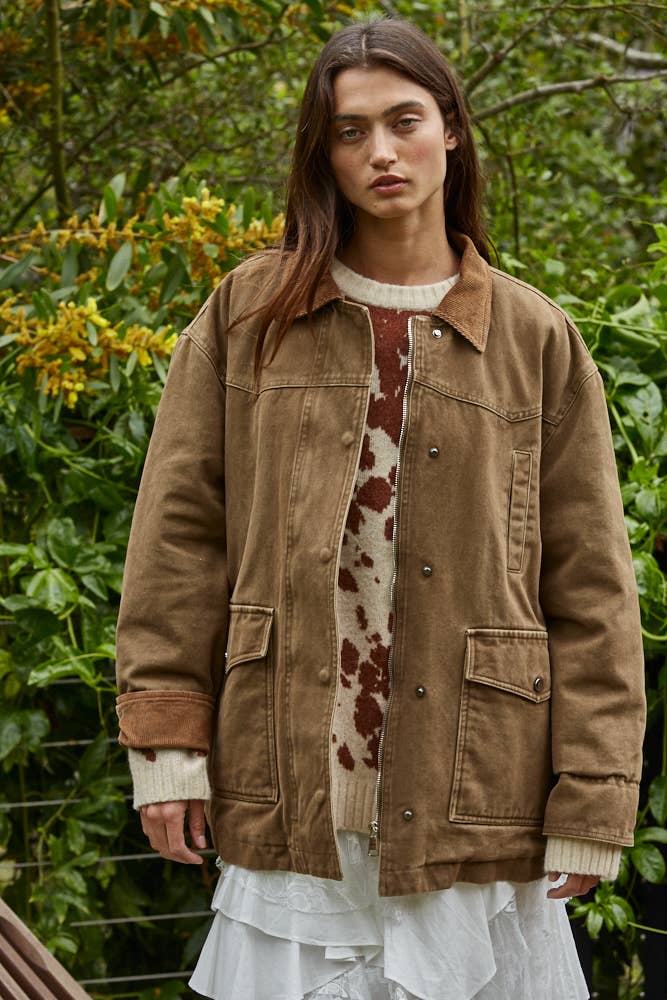Woven Cotton Collared Zip-Up Long Sleeve Jacket - Styled With Claire By Together